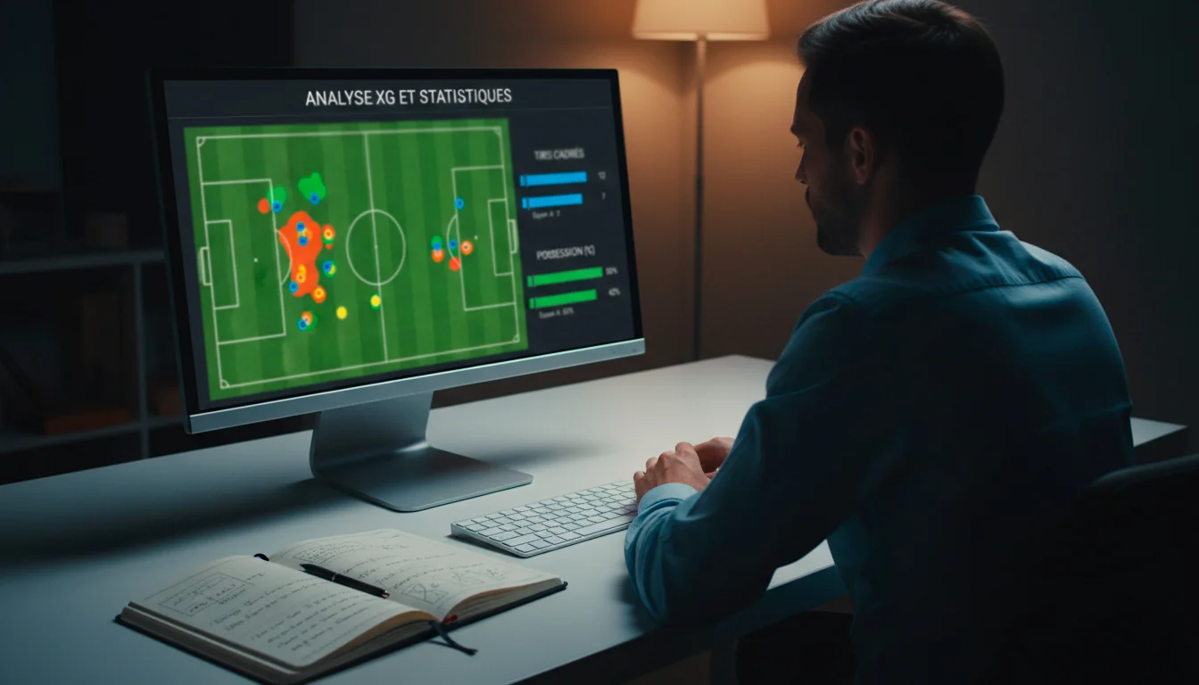Personne analysant des données de match de football sur un écran avec graphiques xG et tirs cadrés