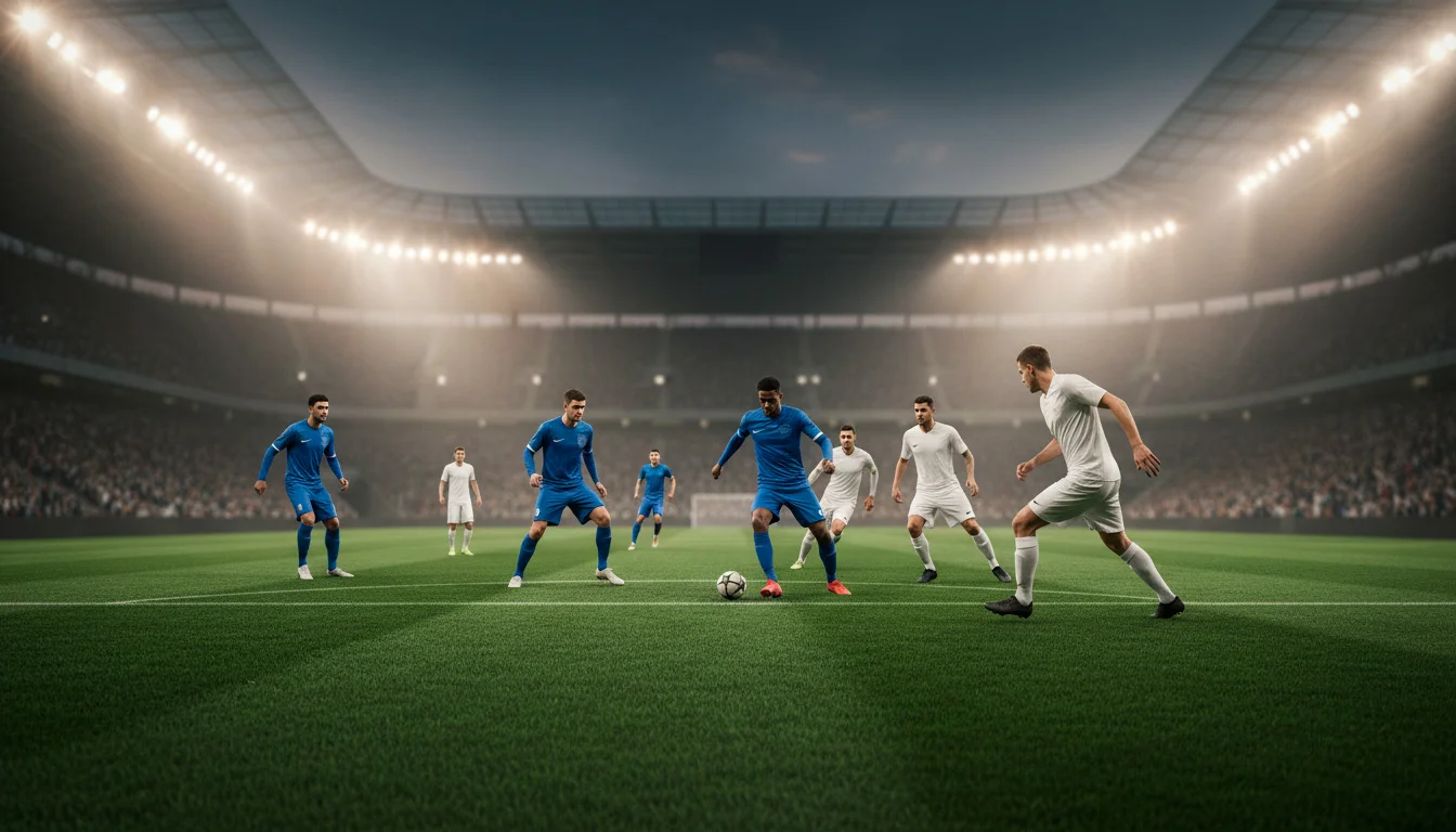 Terrain de football professionnel vu depuis les tribunes sous les projecteurs en soirée