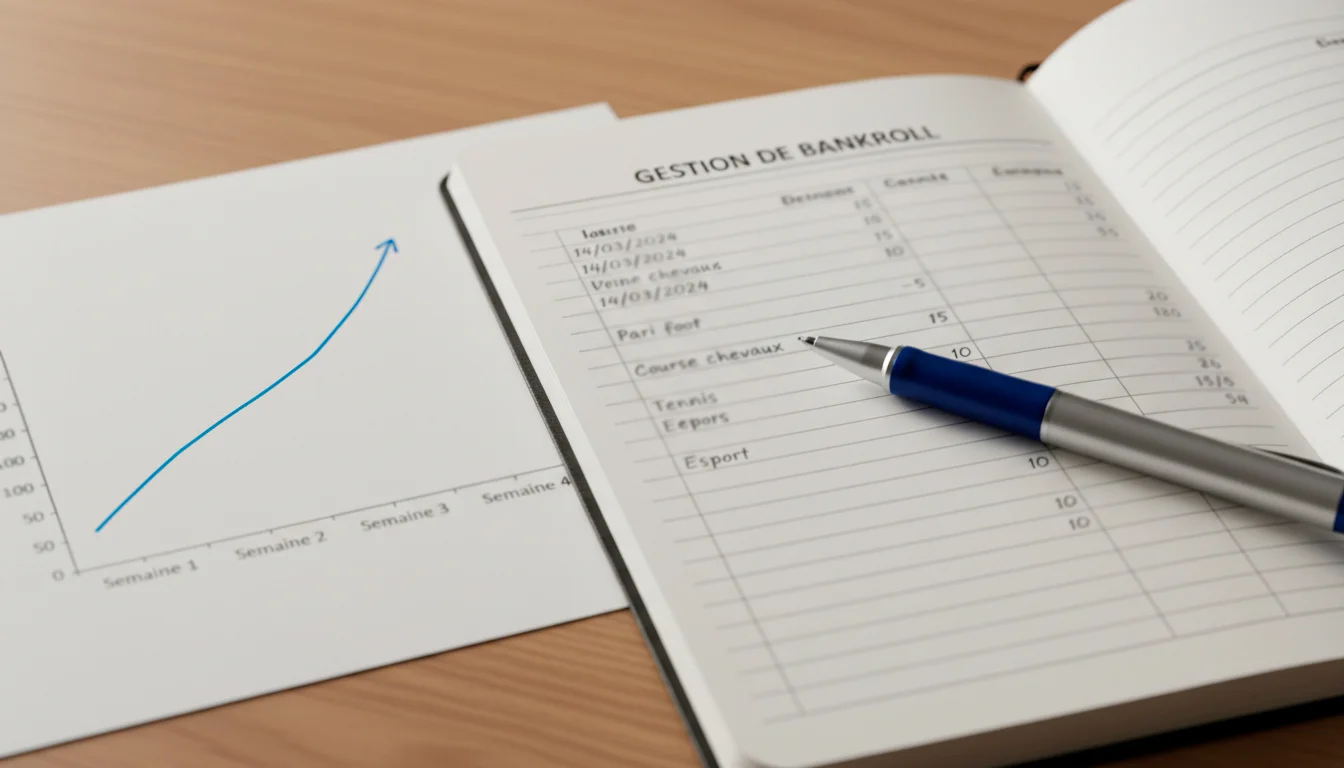 Carnet de notes ouvert avec un stylo posé dessus et un graphique simple de suivi de performance